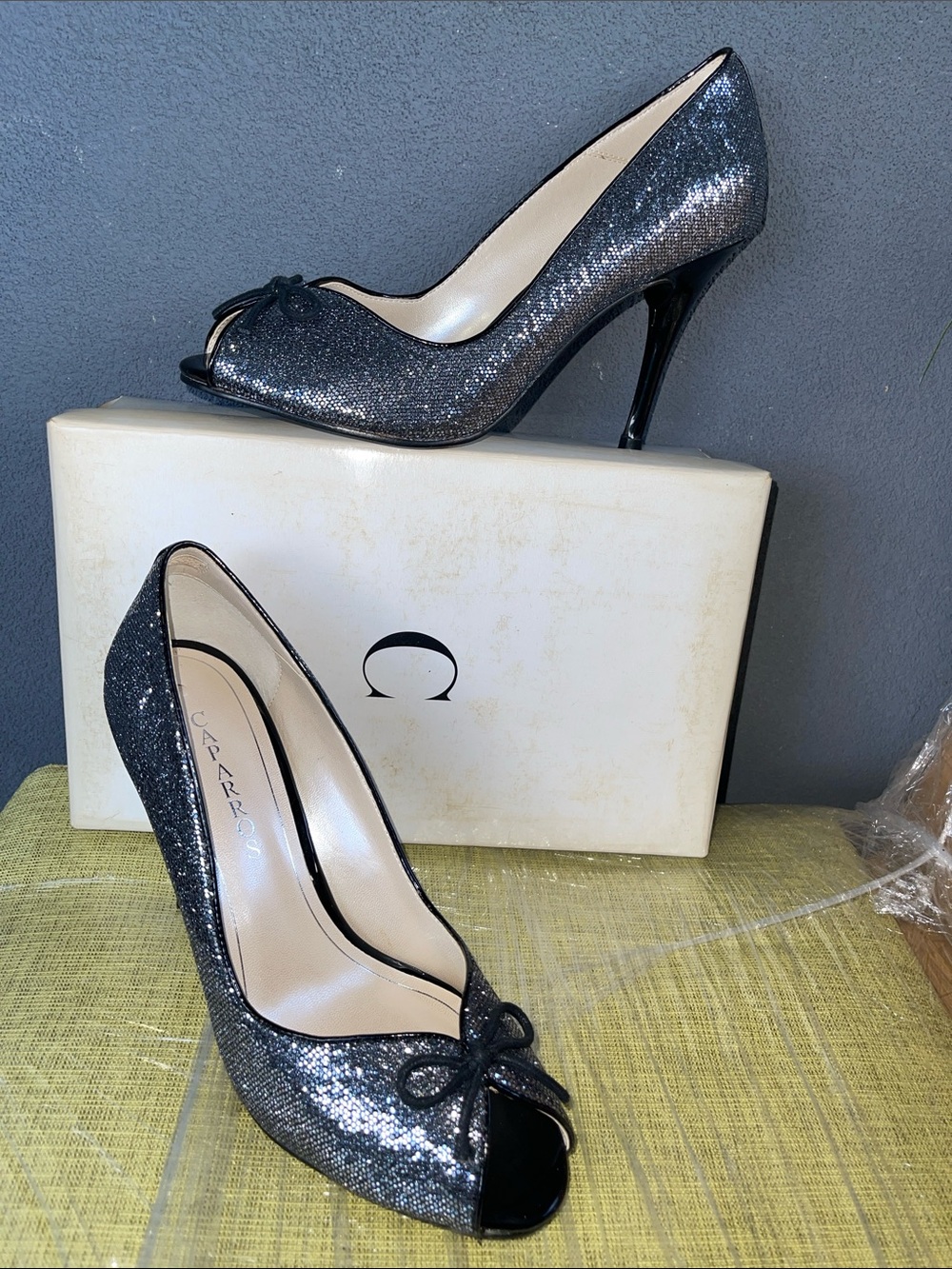 Caparros Black Silver Glitter Peep-Toe Stiletto Heels